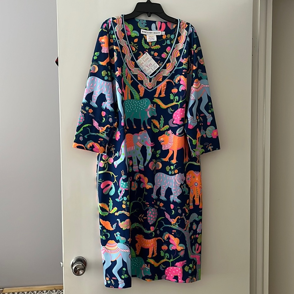 Gretchen Scott Mid Sleeve XXL ((14/16) Jersey Dress. Navy Multi Color Print New